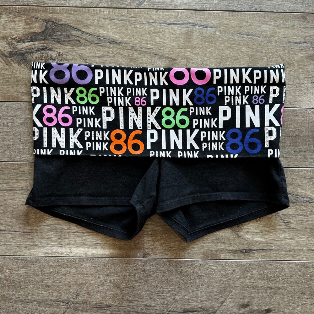 Y2K Victoria's Secret PINK Black Yoga Foldover Shorts Rhinestone Logo Sz S